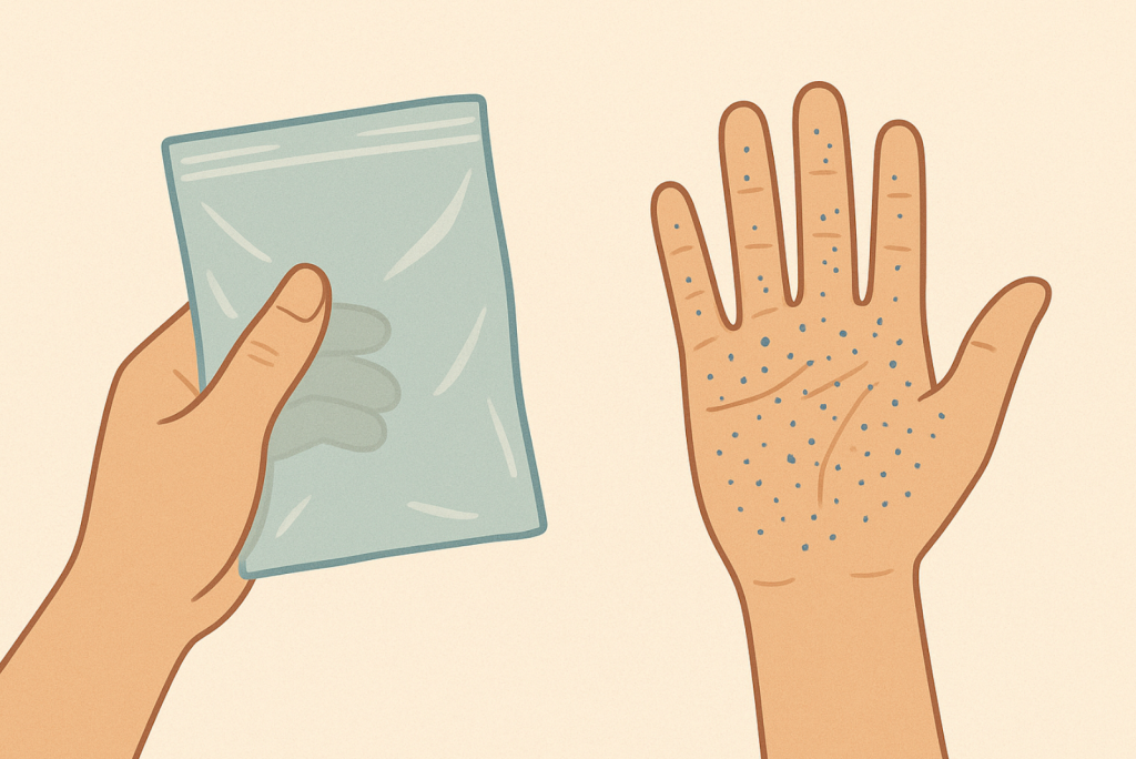 A representation that shows the high transmission of microplastics from touching plastic products.